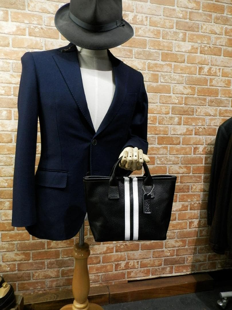 ☆XSサイズ☆ブラック×ホワイトライン本革ミニトートバッグ♪ストライプ黒