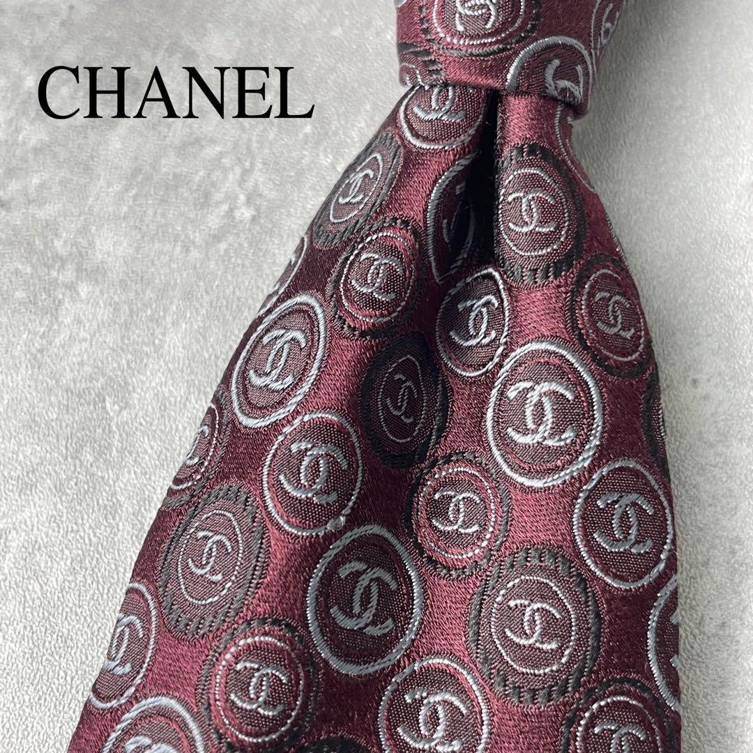美品 CHANEL シャネル ジャガード ココマーク 総ロゴ ネクタイ ワイン