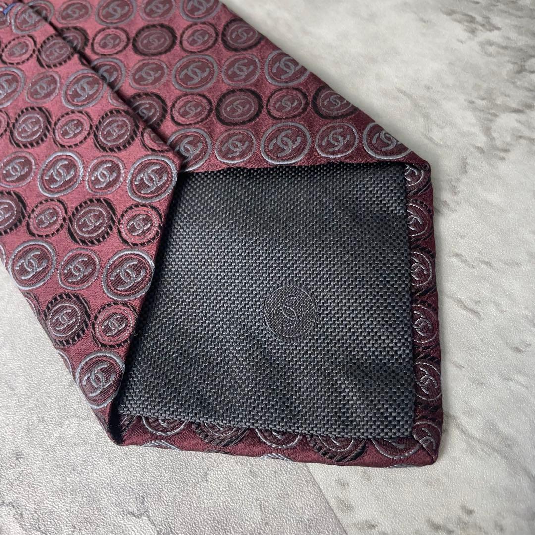 美品 CHANEL シャネル ジャガード ココマーク 総ロゴ ネクタイ ワイン