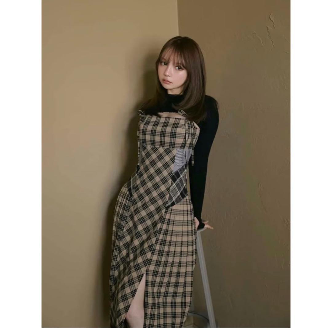 ワンピース andmary Nadia check long dress beige