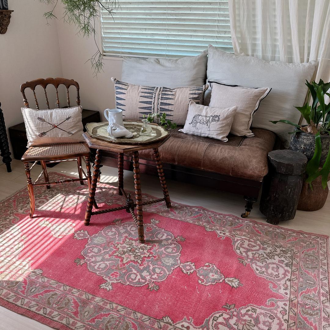 トルコヴィンテージラグ A65 コーラル レッド ネイビー ブルーグレー