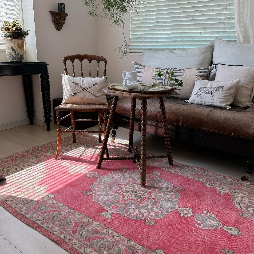 トルコヴィンテージラグ A65 コーラル レッド ネイビー ブルーグレー