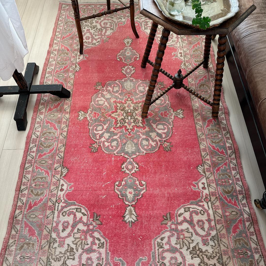 トルコヴィンテージラグ A65 コーラル レッド ネイビー ブルーグレー