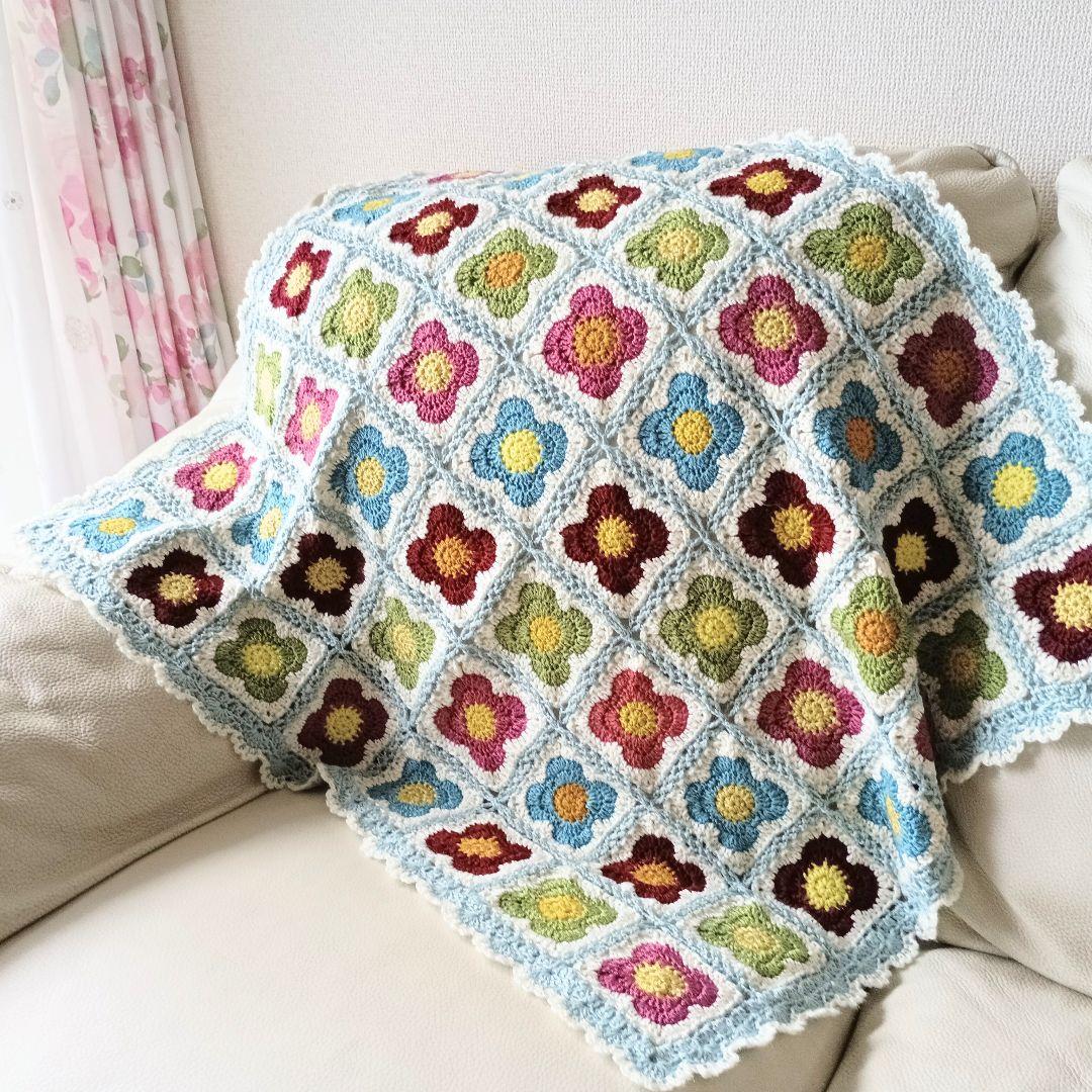 手編みブランケット★フラワーモチーフ★お花★グラニースクエア★かぎ針編み