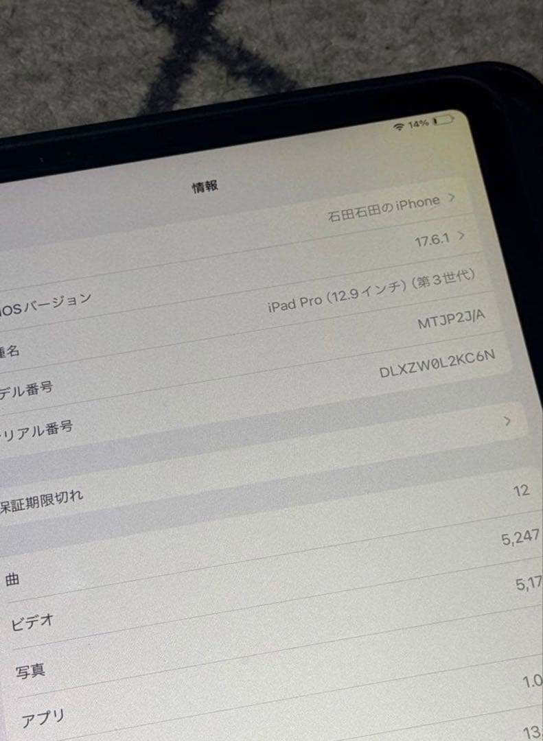 iPad Pro (12.9インチ) 第3世代1TB 本体　画面に黄ばみ