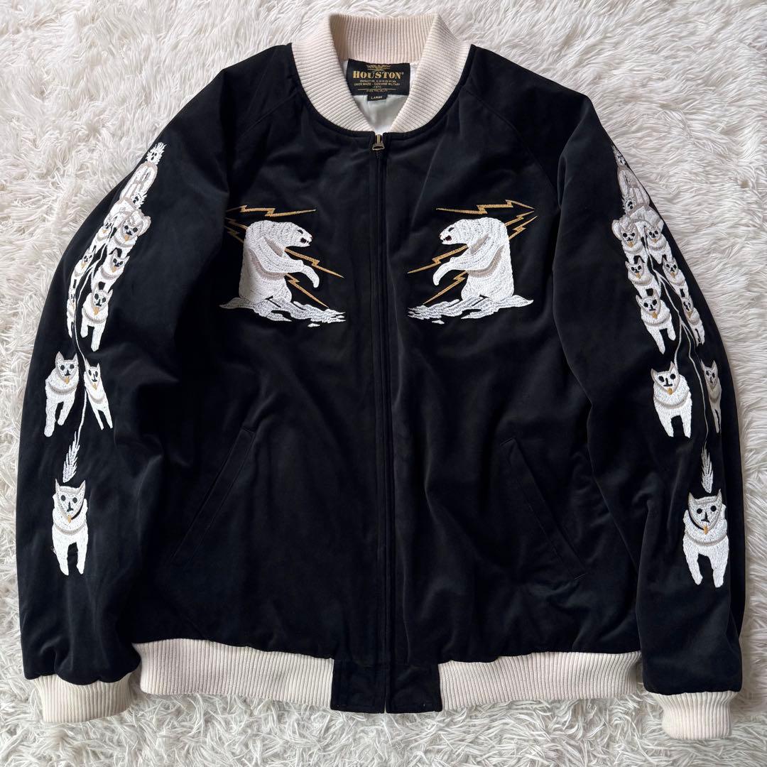 極美品✨HOUSTON スカジャン　別珍　アラスカ　ベロア　豪華刺繍　黒　L