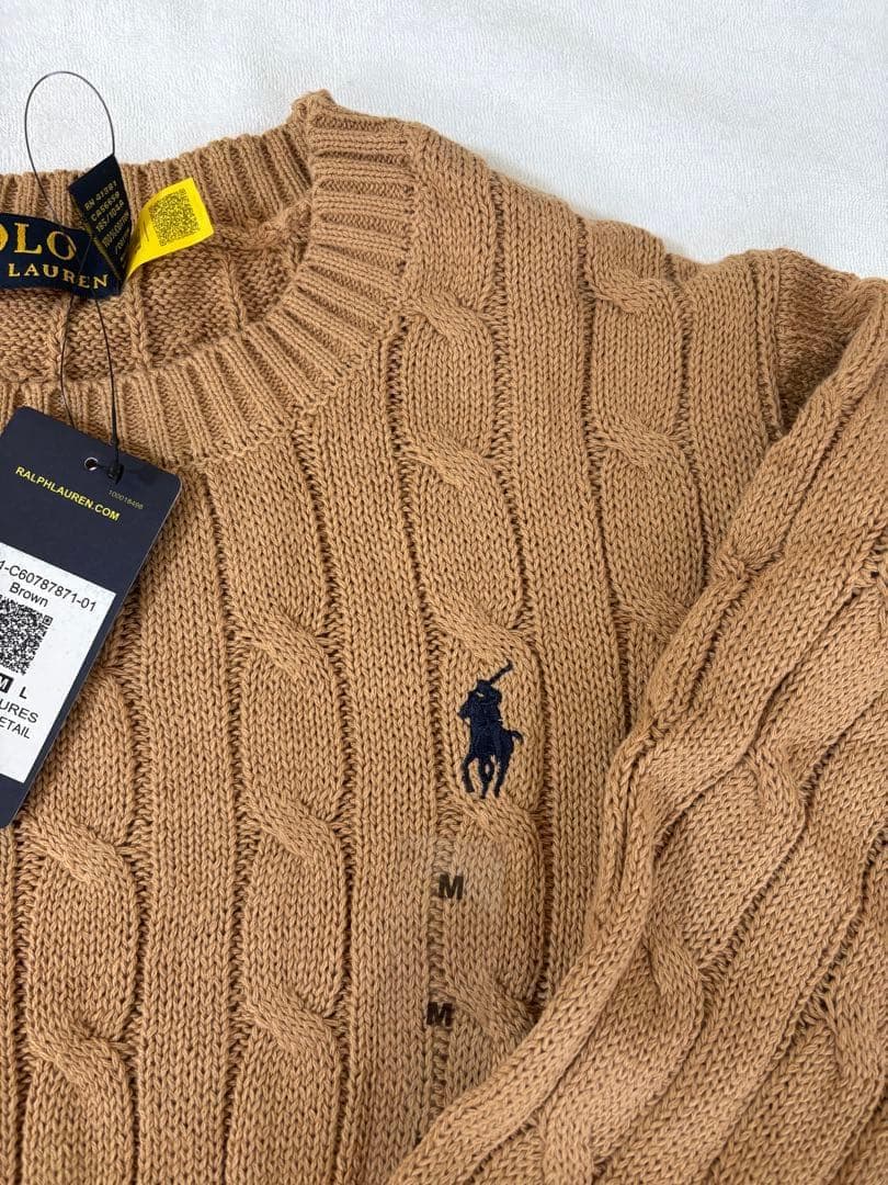新品 ポロラルフローレン M レディース ケーブルニット キャメル コットン