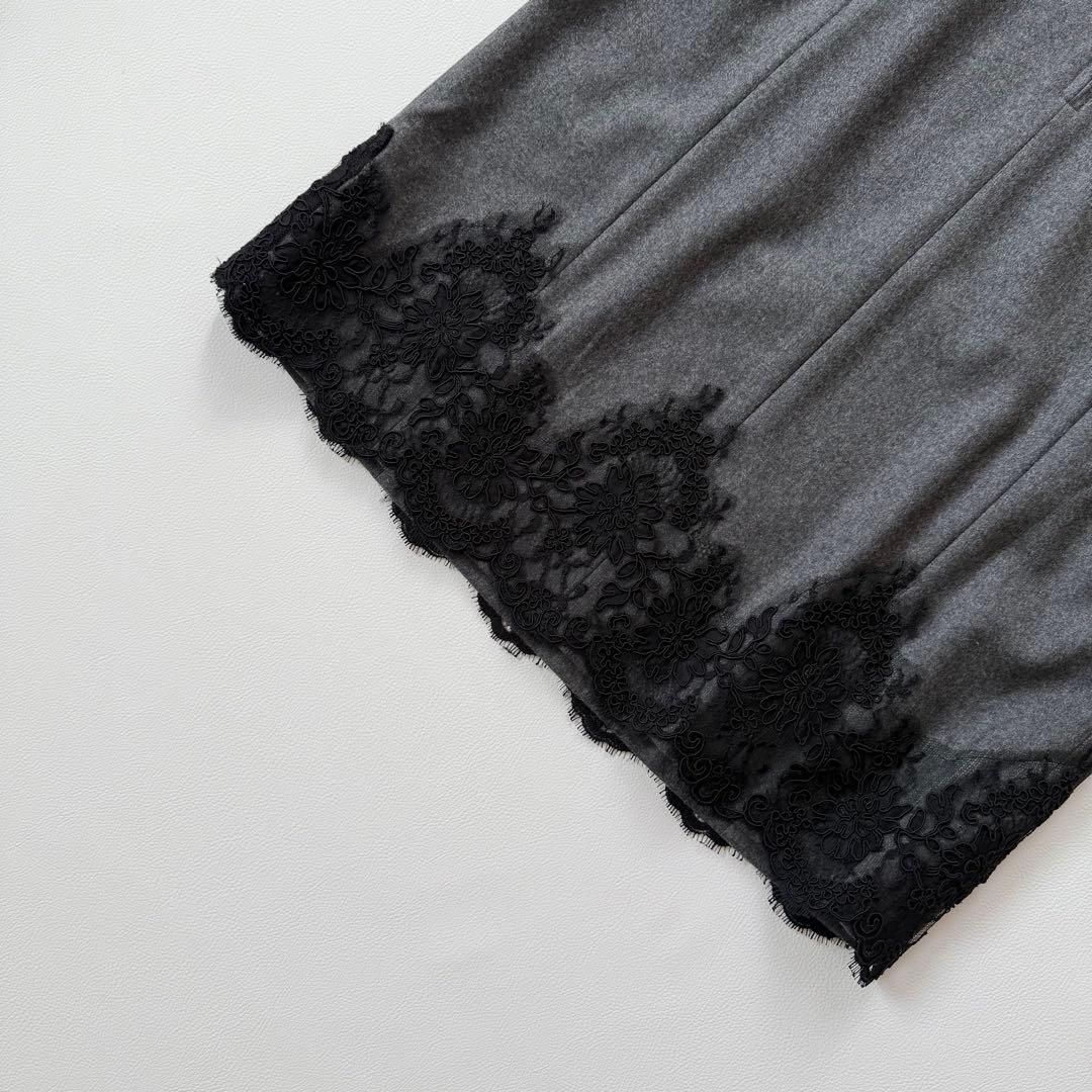 極美品✨フォクシー　裾レース　ウールワンピースドレス　グレー　40