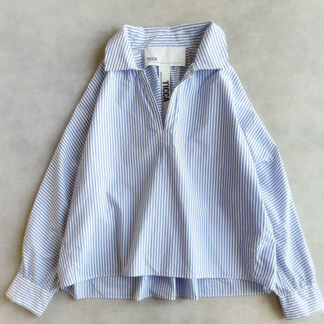 美品▲TICCA //ブルーストライプ長袖シャツ▲スキッパー プルオーバー