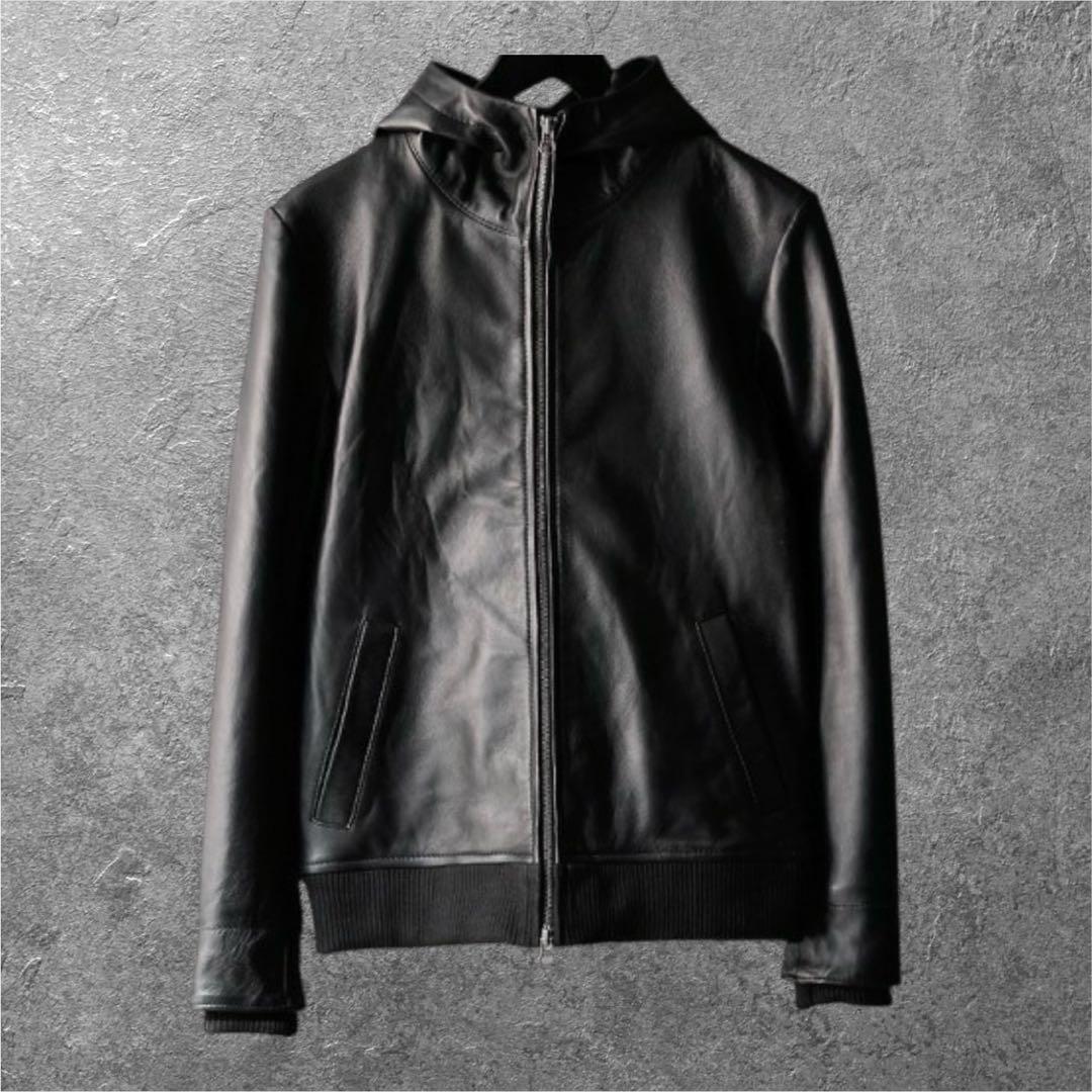 DeTaiLS ラムレザー 羊革 フーデッドレザーライダースジャケット XL 黒