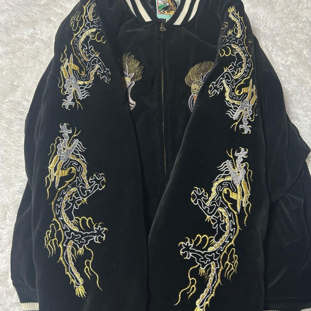 スカジャン　JAKE 別珍 風神雷神 総刺繍 メンズ M L ブラック