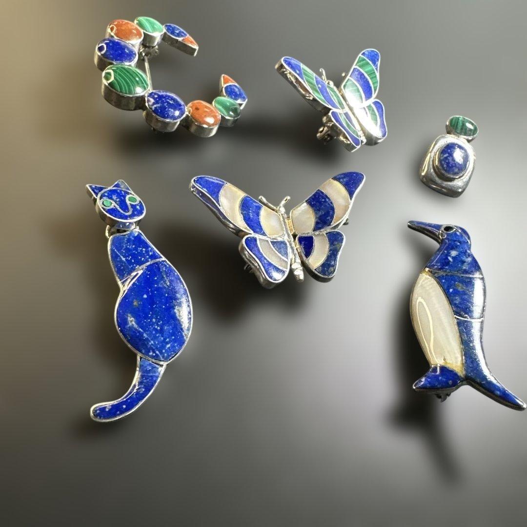猫　ペンギン　蝶　シルバー970 ラピス　マラカイト　ブローチ他　2way
