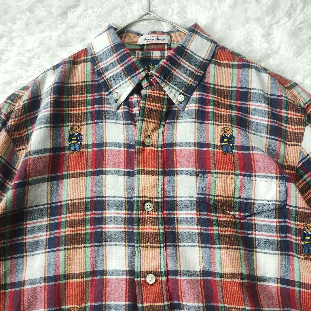 激レア◎美品　ラルフローレン　マドラスチェック　長袖シャツ　ポロベア　M　インド