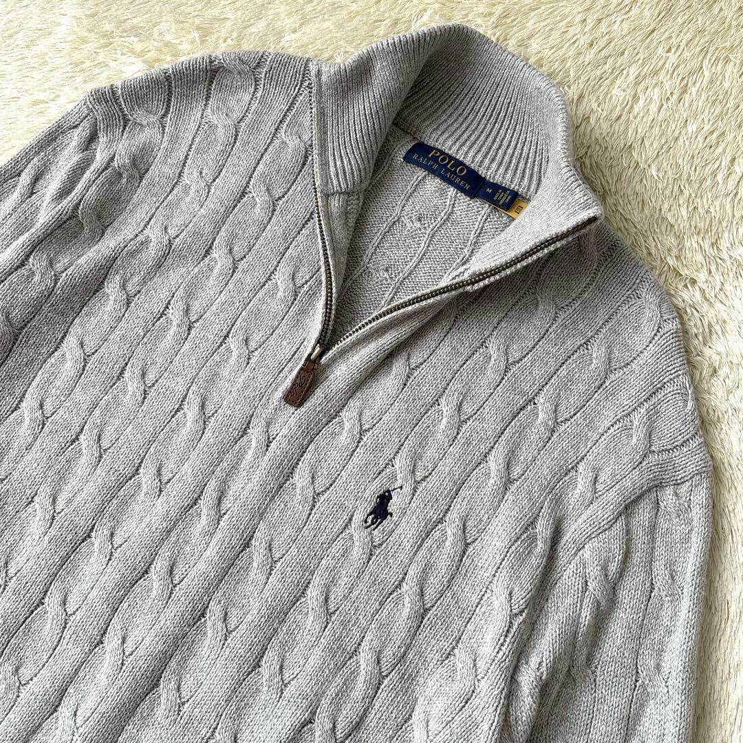極美品☆ポロラルフローレン　ハーフジップケーブルニット　刺繍ポニー　近年　グレー