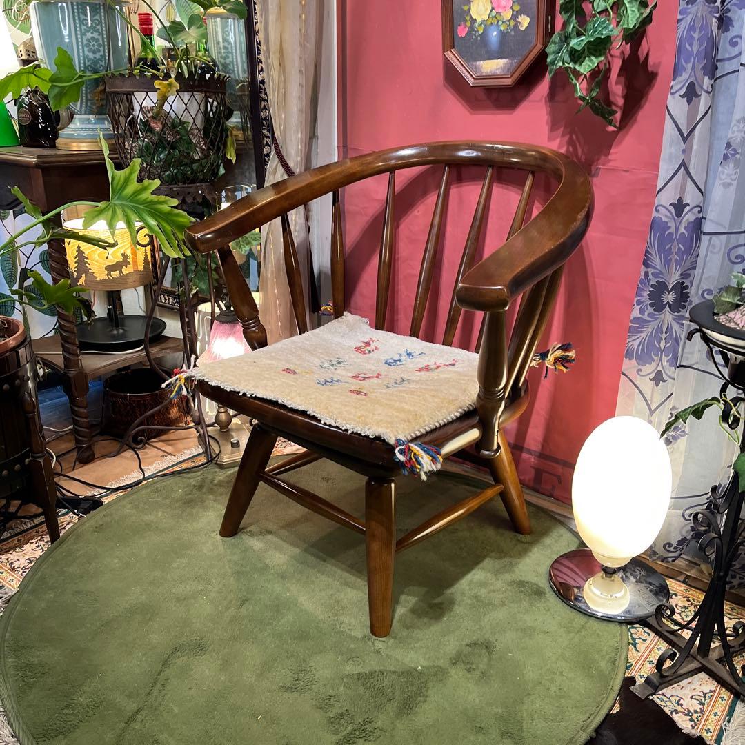 L１　オールドヴィンテージ 柏木工 ３６０度回転　ブナ無垢材　アームチェア