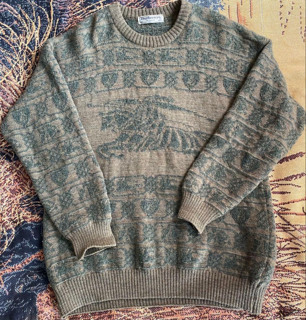 【英国製】80s 90s 希少柄 Burberrys ニット•セーター グリーン