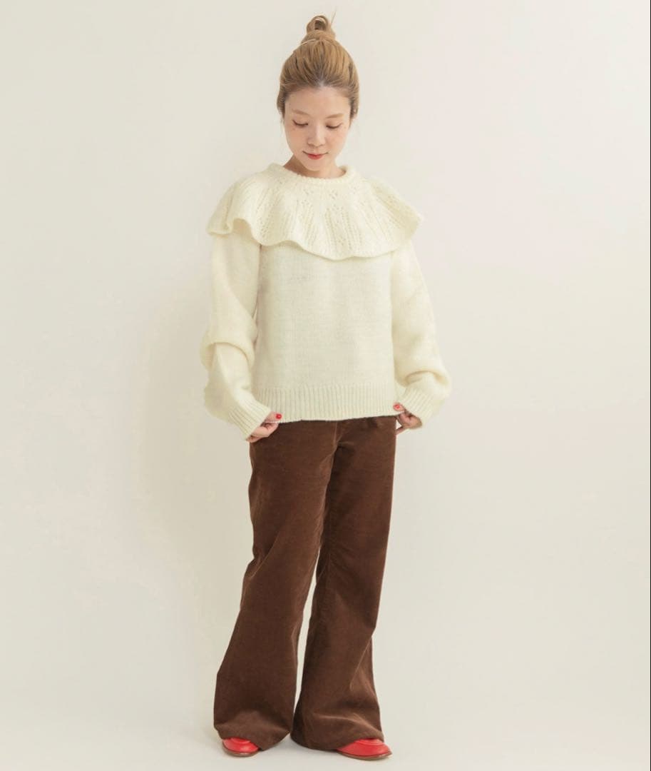 1/3Wool 透かし編みケープ襟プルオーバー