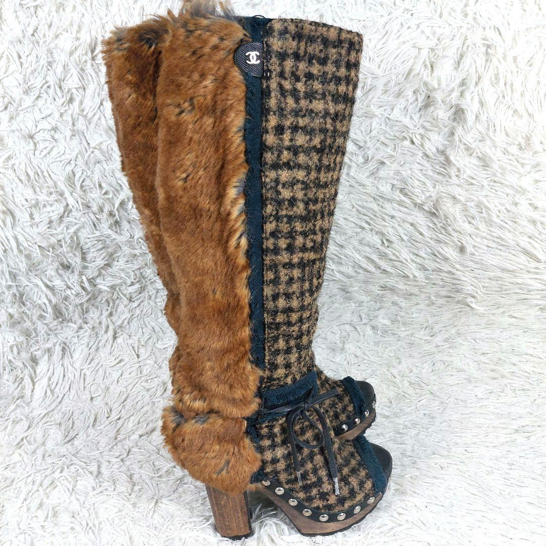 美品 定価17.5万 CHANEL ココマークツイード ファーレザーロングブーツ