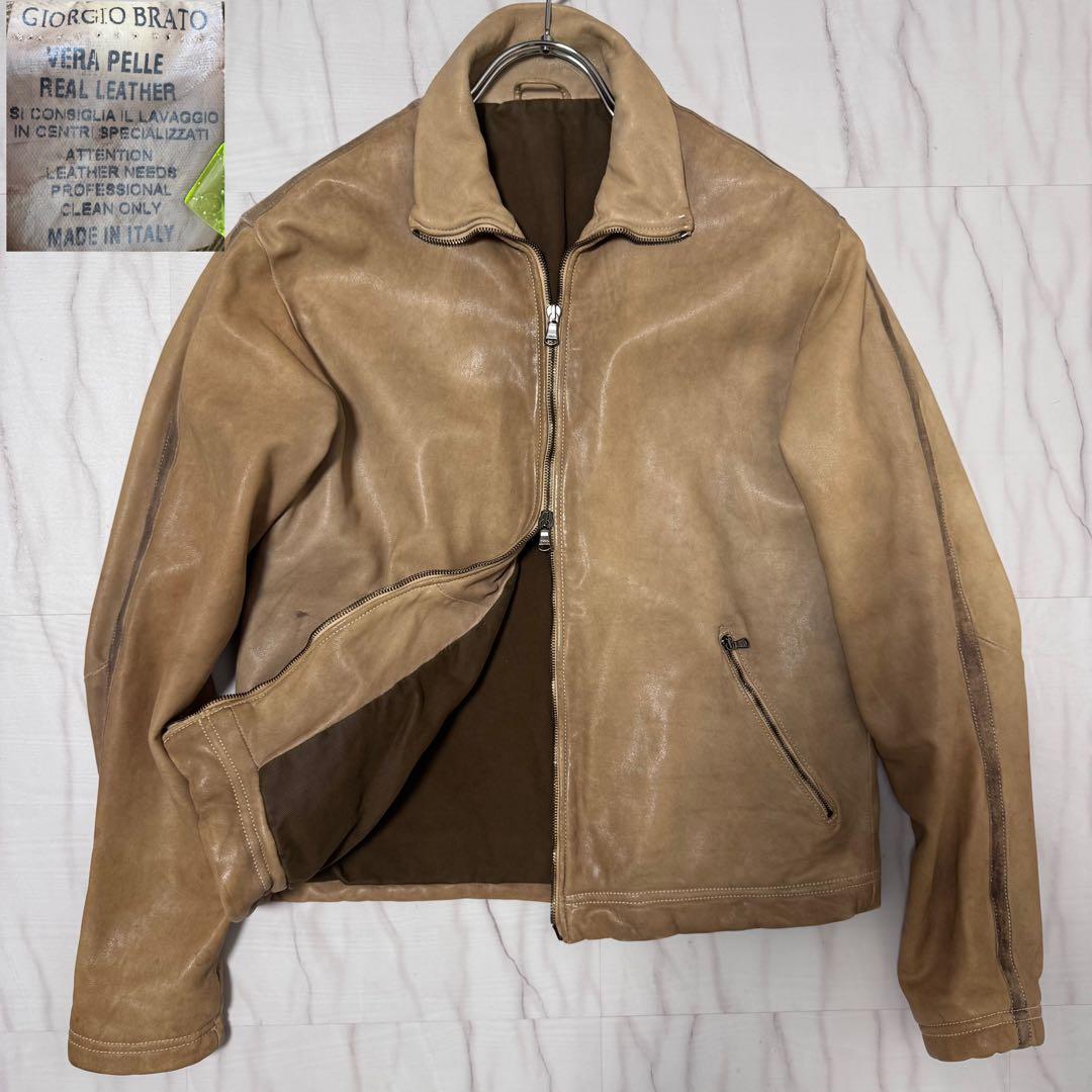 GIORGIO BRATO レザー シングルライダースジャケット ベージュ M