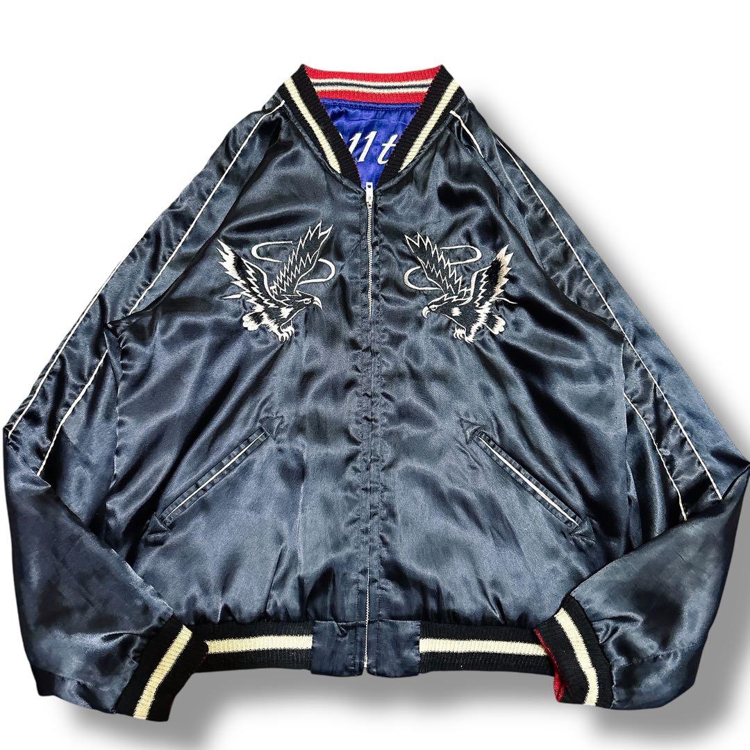 美品 テーラー東洋 スカジャン ブラック イーグル 鷹×地図柄 リバーシブル