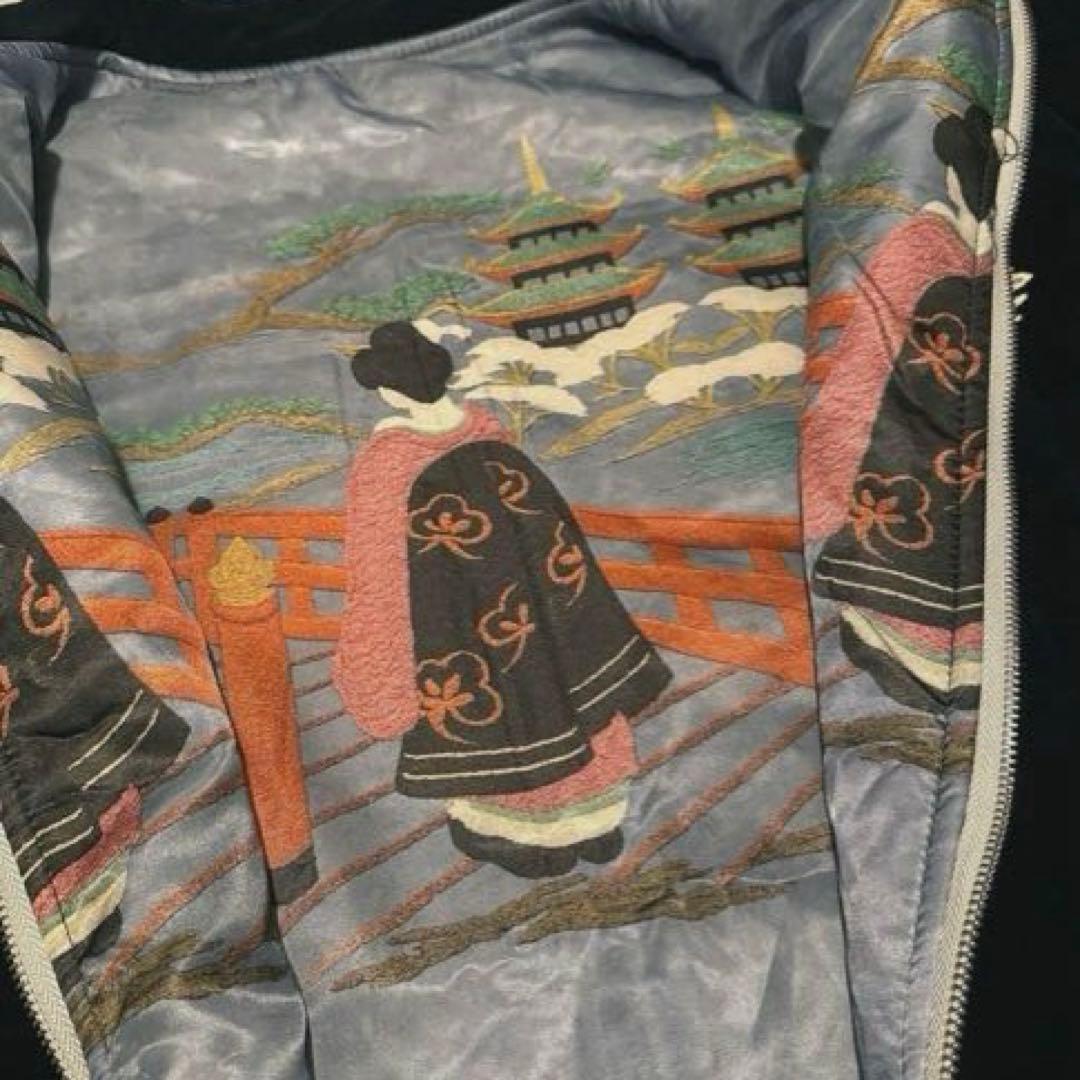 【中綿ブルゾン】刺繍ドラゴンと鷲のベルベットジャンパー　ネイビーXXL