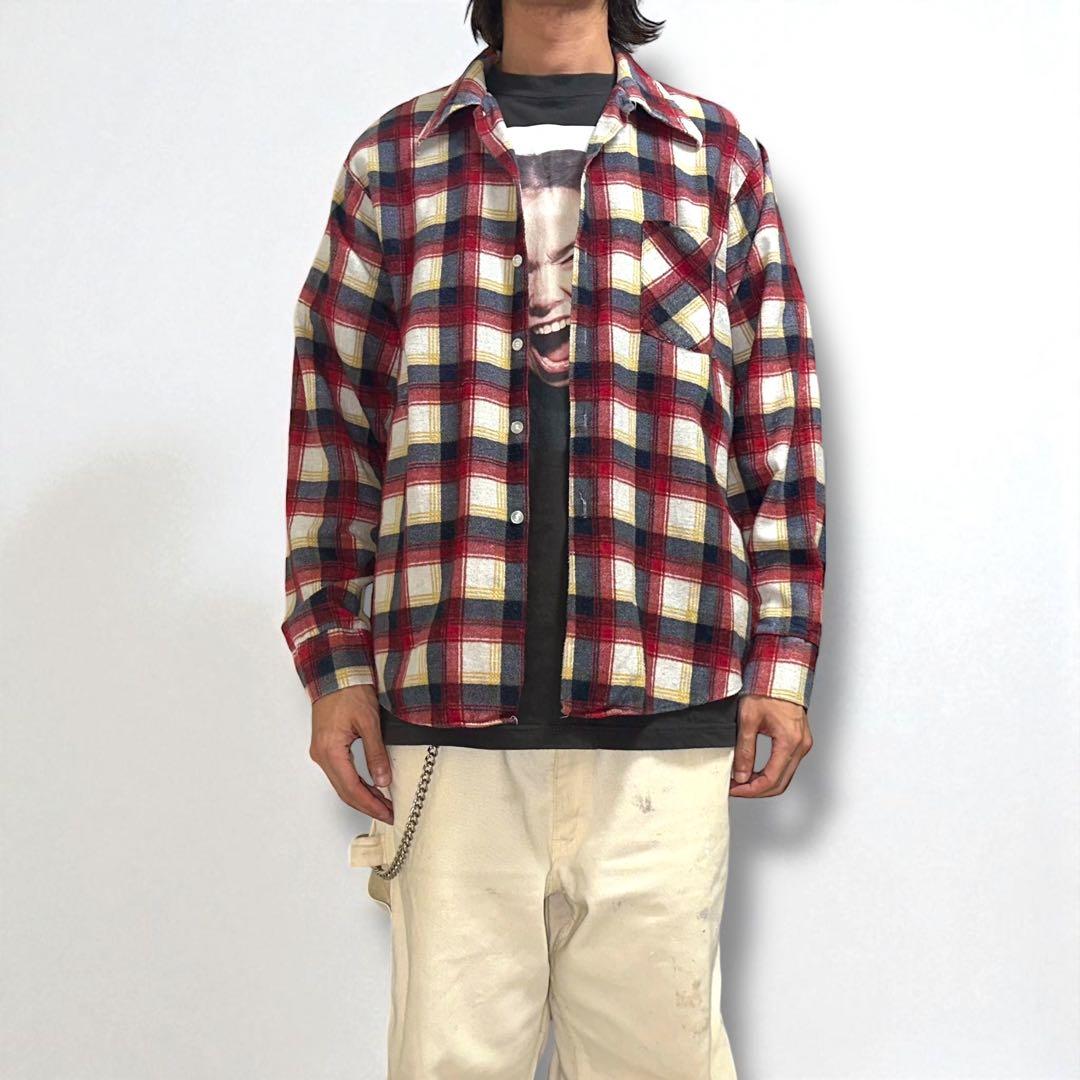 超希少 70s Sears オープンカラー プリントチェック ネルシャツ