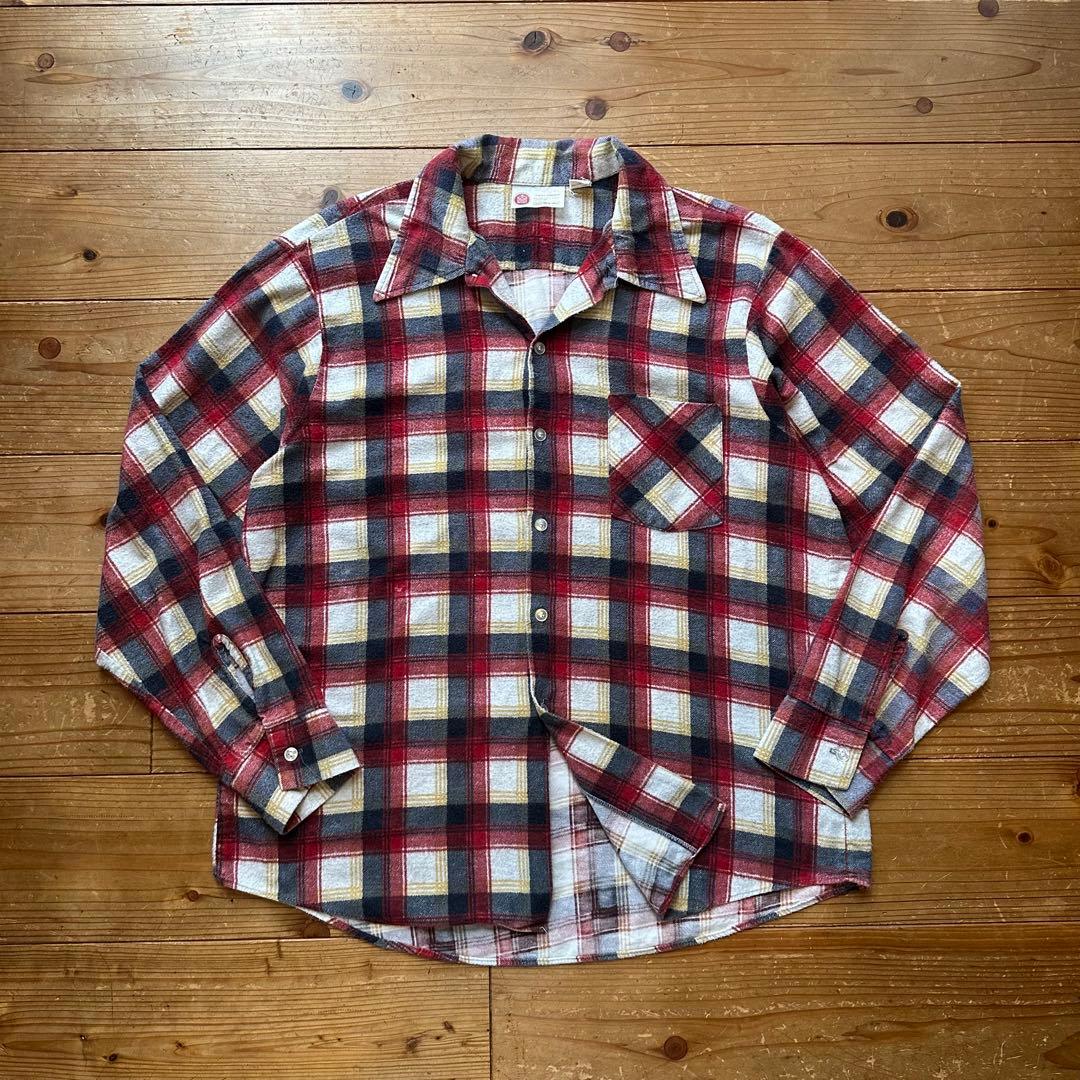 超希少 70s Sears オープンカラー プリントチェック ネルシャツ