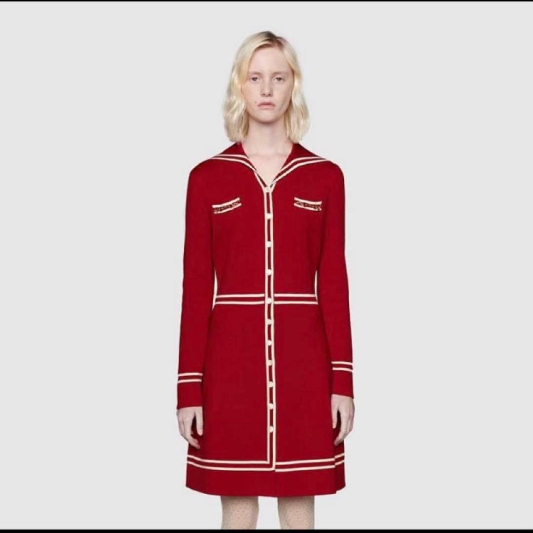 GUCCIワンピース コントラストトリム ウール ドレス XS 赤 白 長袖