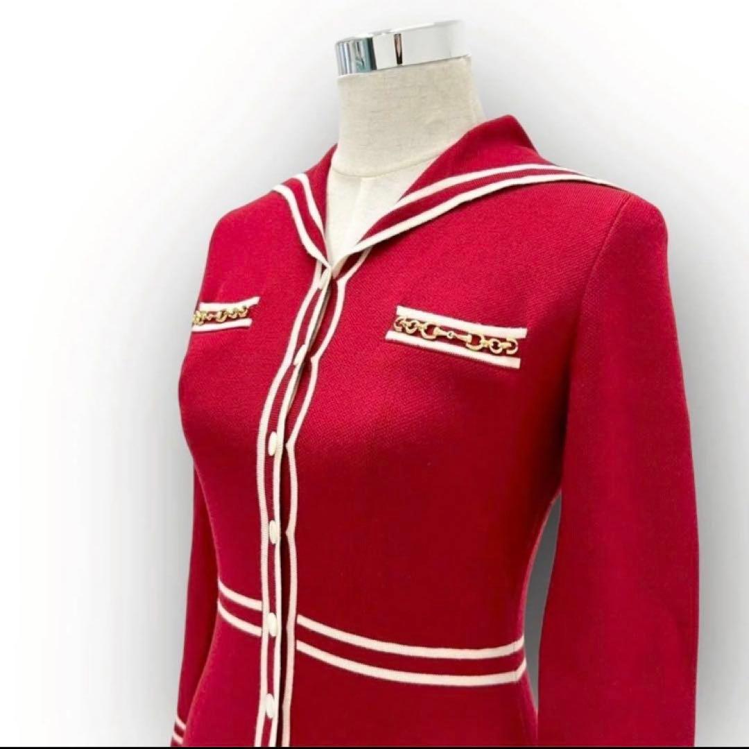 GUCCIワンピース コントラストトリム ウール ドレス XS 赤 白 長袖