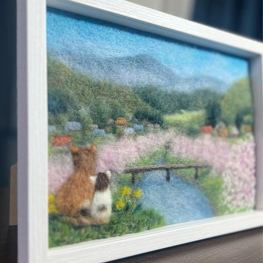く*ん様 【BOXフレーム付き】羊毛絵画　『桜咲く春の里山』ハンドメイド　ウール