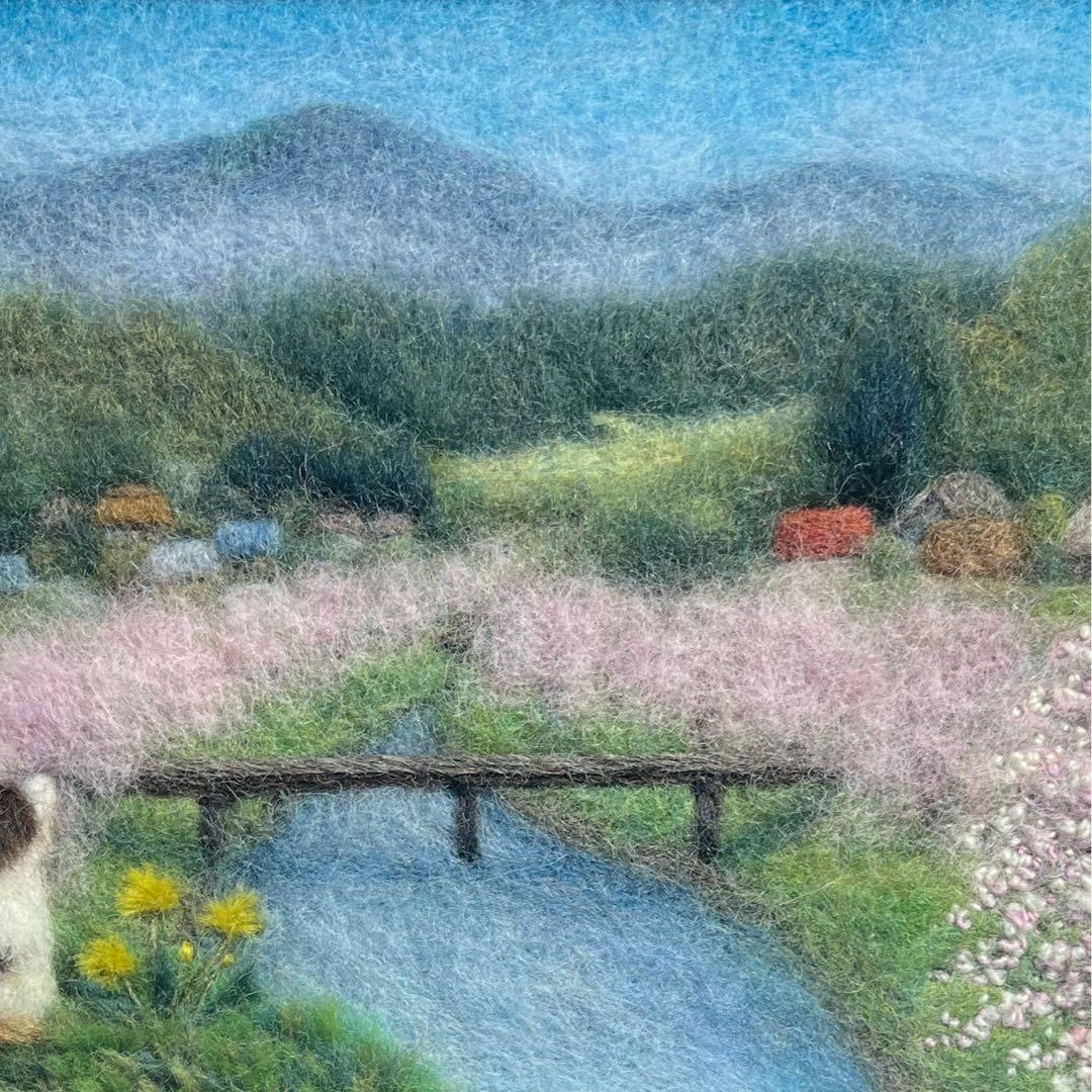 く*ん様 【BOXフレーム付き】羊毛絵画　『桜咲く春の里山』ハンドメイド　ウール