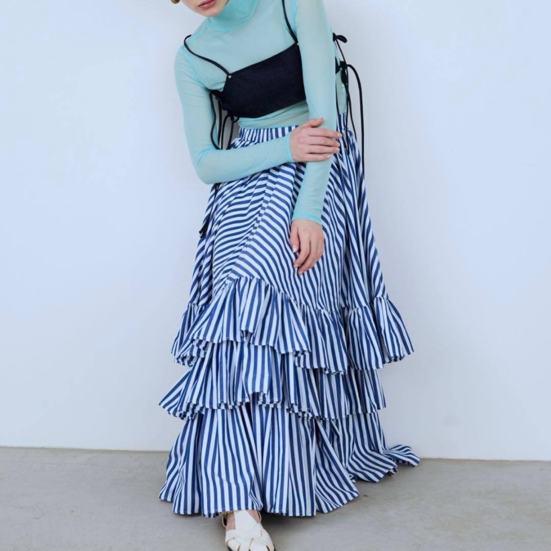 25SS PERNA ストライプティアードスカート フリーサイズ ロング ブルー