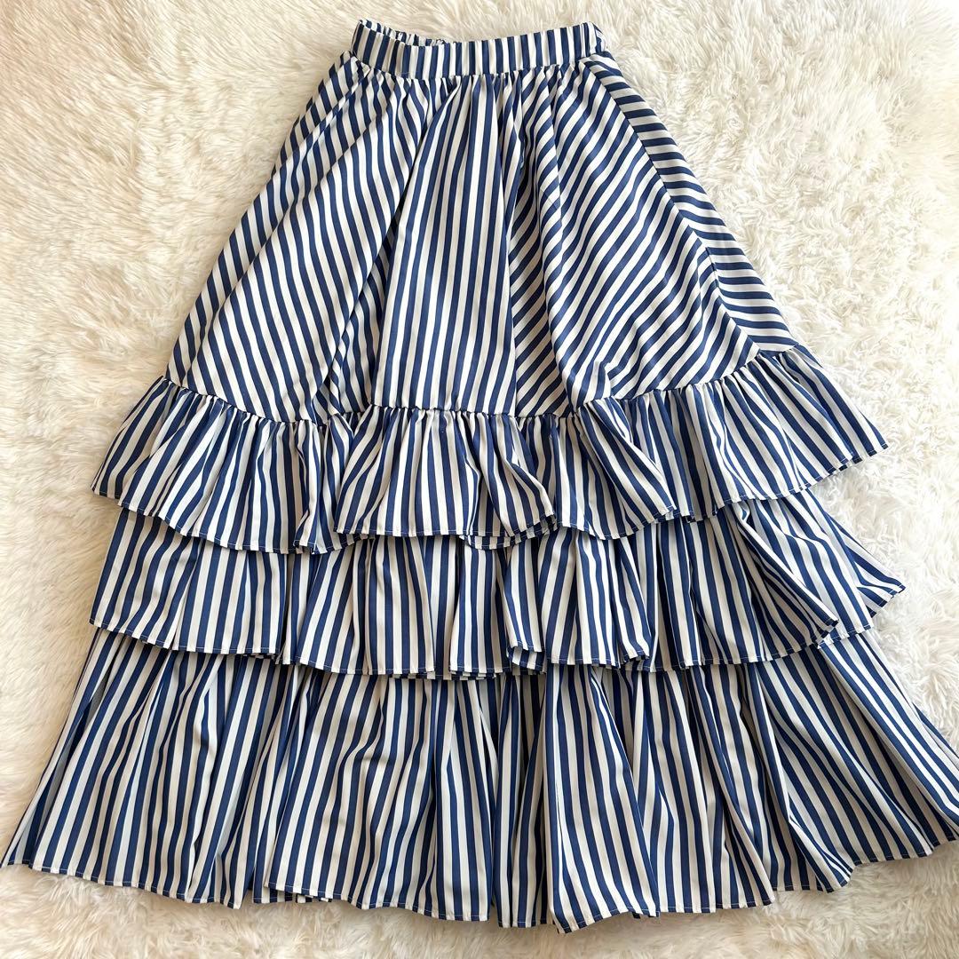 25SS PERNA ストライプティアードスカート フリーサイズ ロング ブルー