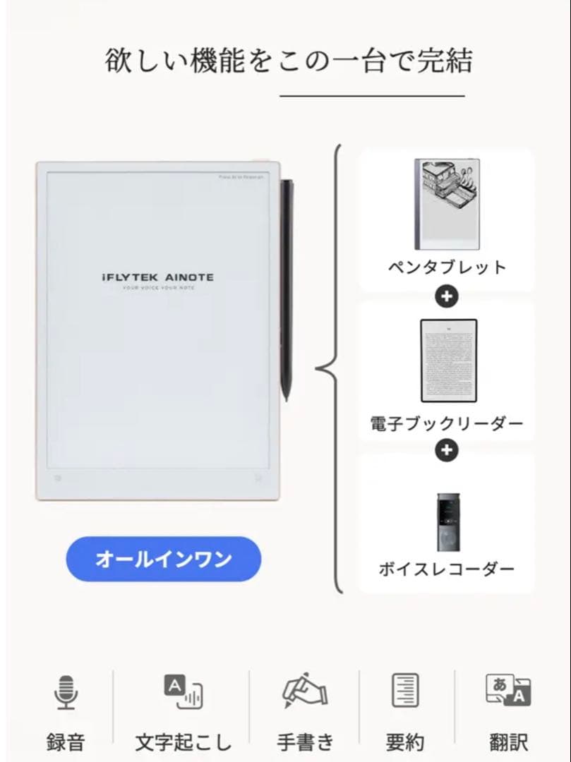 iFLYTEK AINOTE 2 本体・ペン・純正ケース（ネイビー）・替芯5本