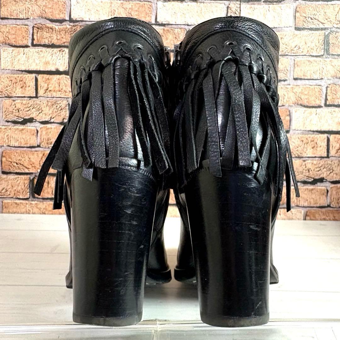 美品■サルトル■ショートブーツ✨サイドジップ フリンジ 本革 チャンキーヒール