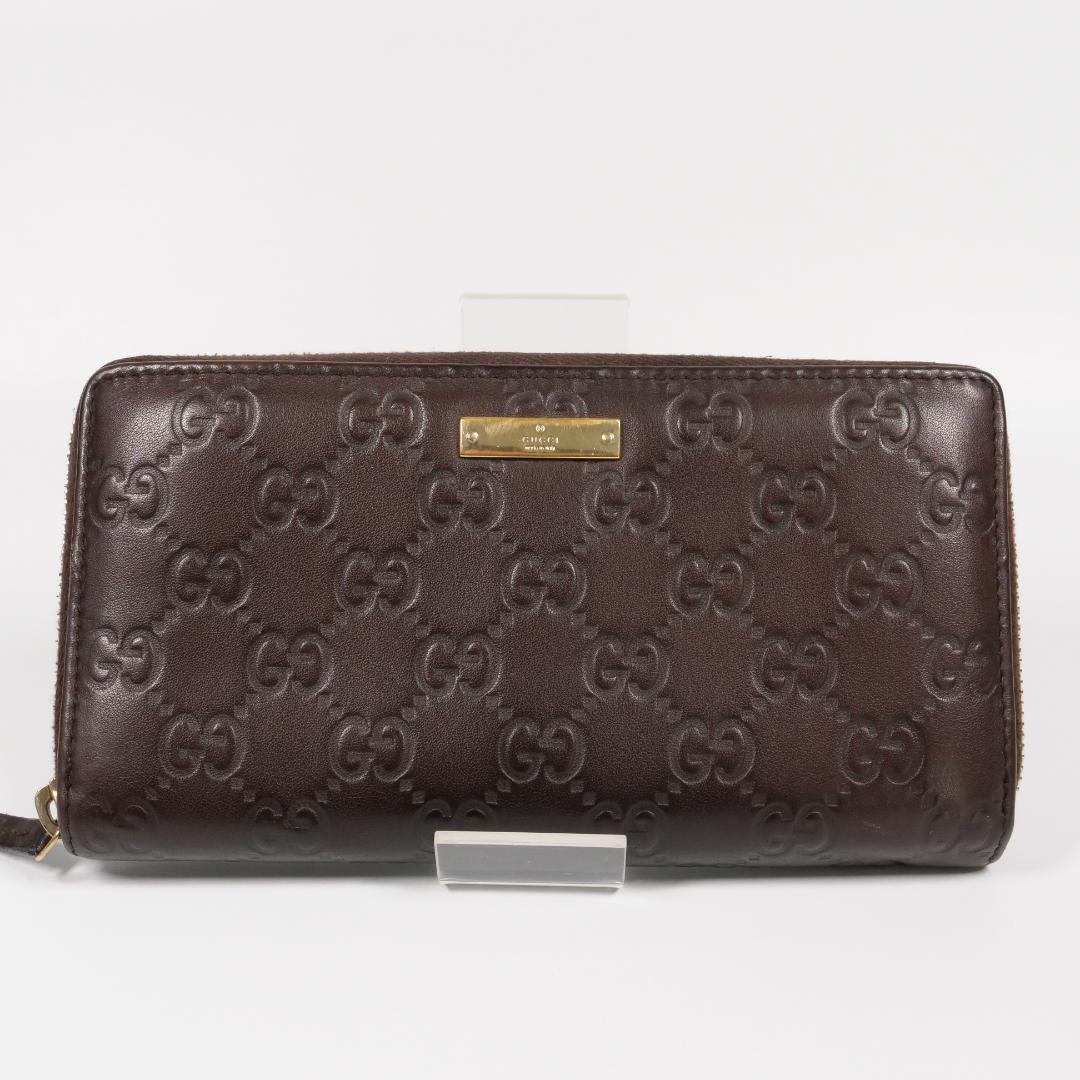 美品✨グッチ 長財布 ラウンドファスナー シマ GG型押し レザー ブラウン