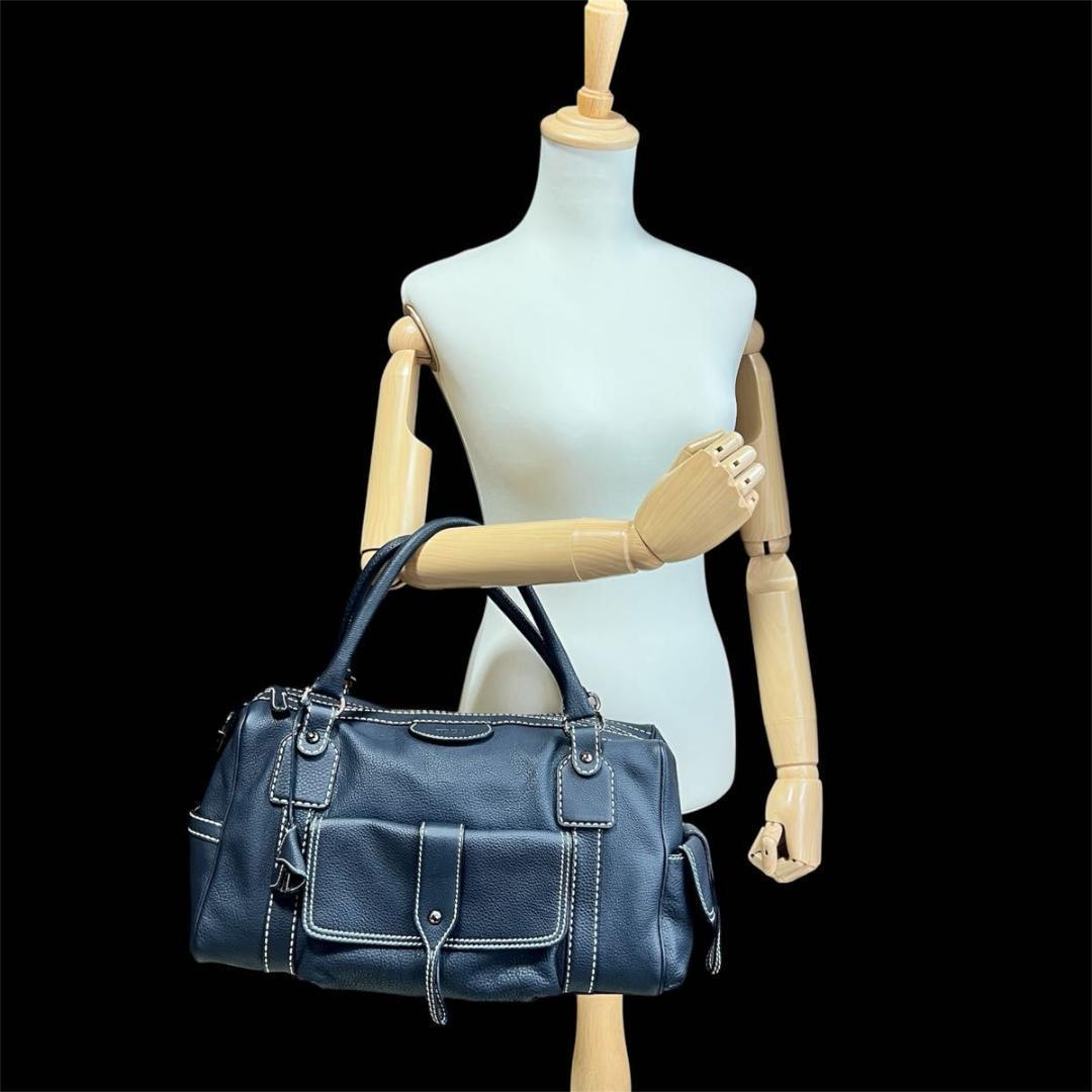 TOD’S トッズ ハンドバッグ ボストンバッグ型 ネイビー レザー 鍵付き