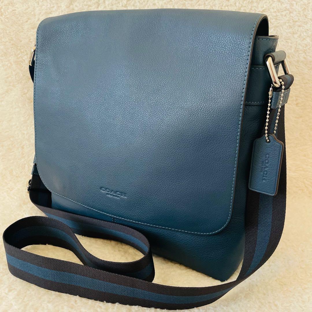 【美品】coach ショルダーバッグ オールレザー くすみブルー 斜め掛け
