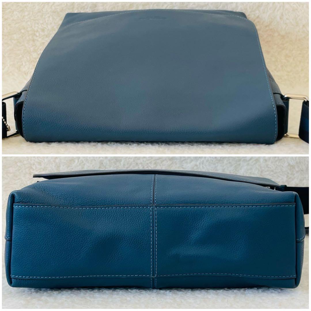 【美品】coach ショルダーバッグ オールレザー くすみブルー 斜め掛け