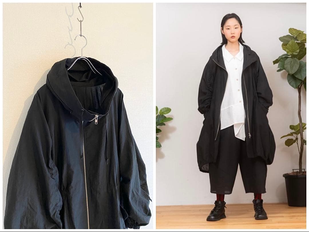 美品 定価88000円 2024AW 慈雨 ギャザーモッズコート 黒 ゆったり