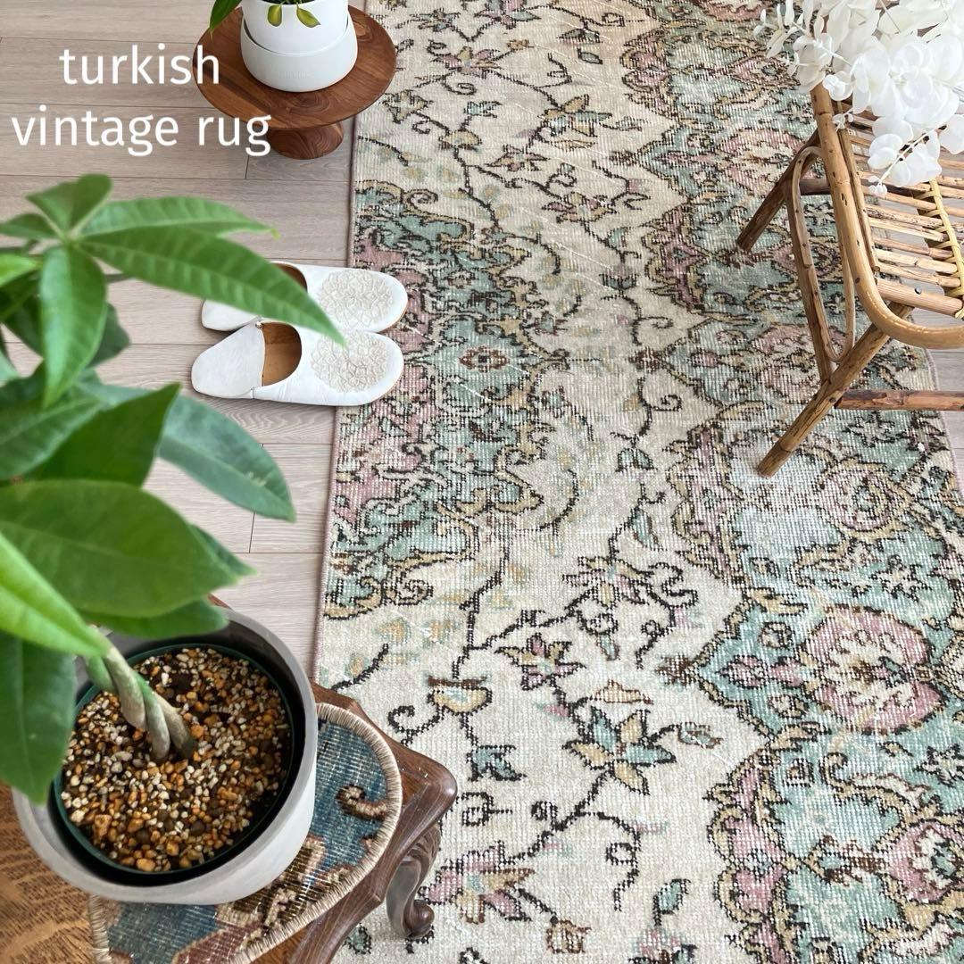 ペパーミントグリーン　ピンクベージュ73×222ランナー　トルコヴィンテージラグ