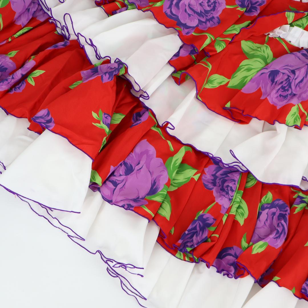 【美品 フラメンコ衣装 ツーピース】鮮やかレッド×花柄×フリル ブラウスファルダ