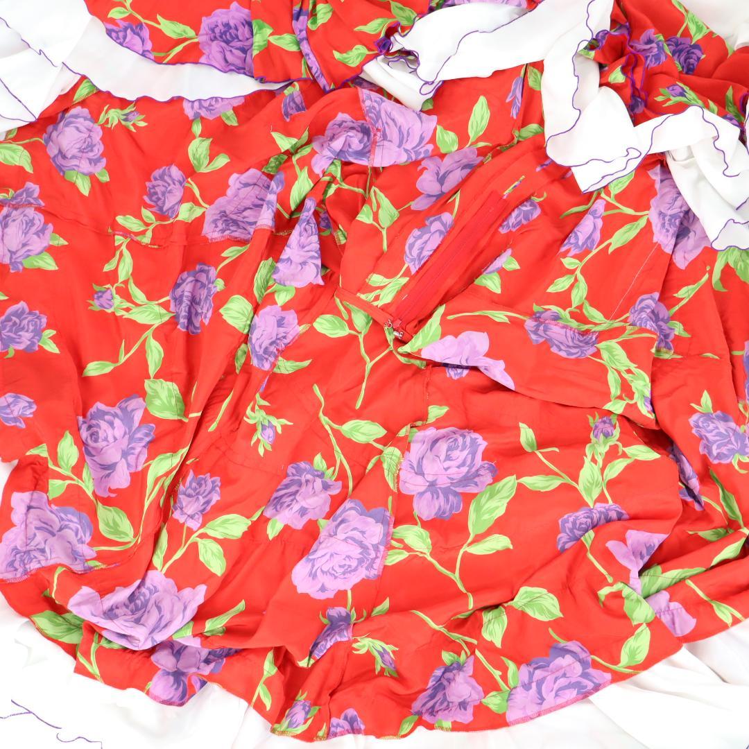 【美品 フラメンコ衣装 ツーピース】鮮やかレッド×花柄×フリル ブラウスファルダ