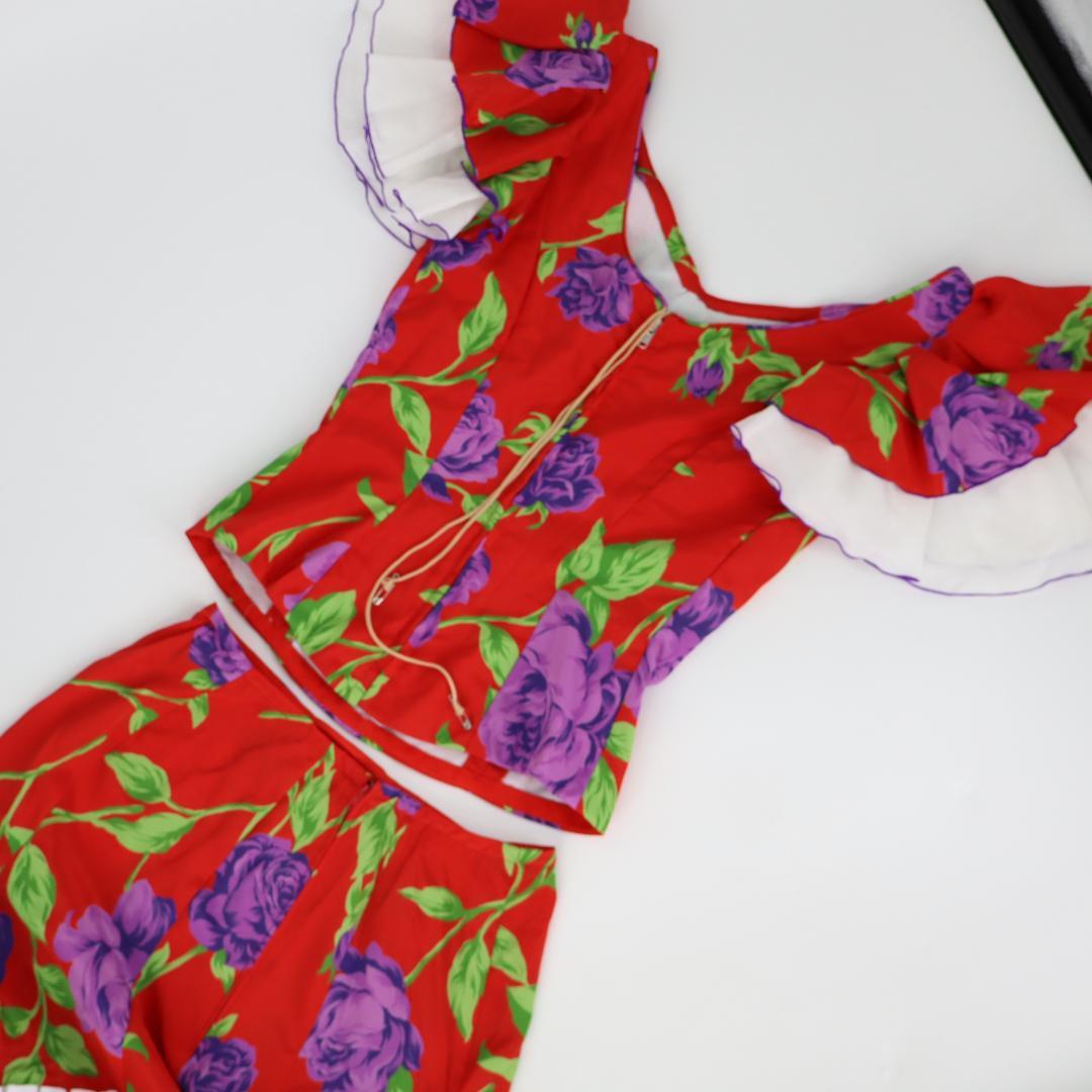 【美品 フラメンコ衣装 ツーピース】鮮やかレッド×花柄×フリル ブラウスファルダ