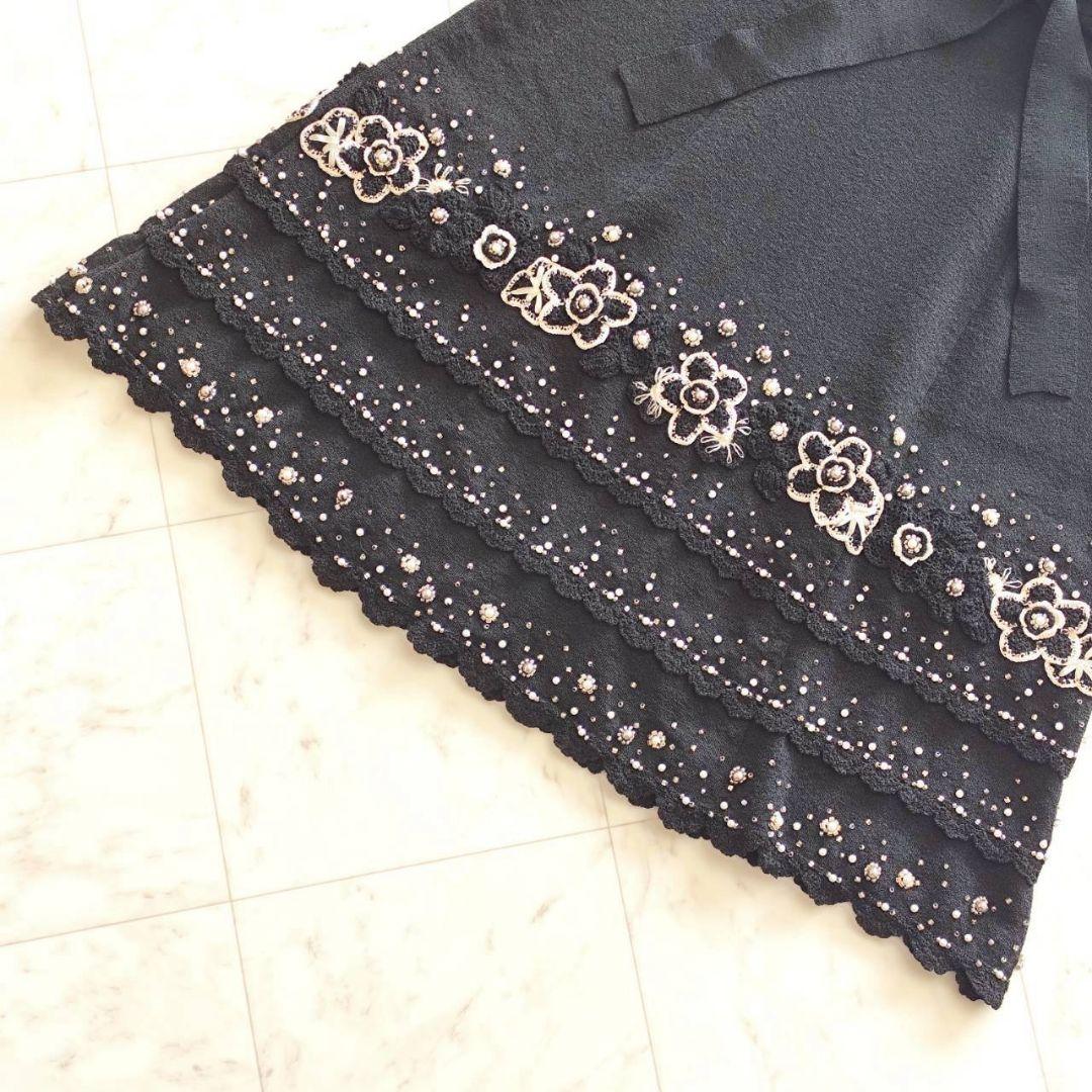 新品 フランコフェラーロ 豪華 フラワー パール 装飾 ニット ワンピース 黒