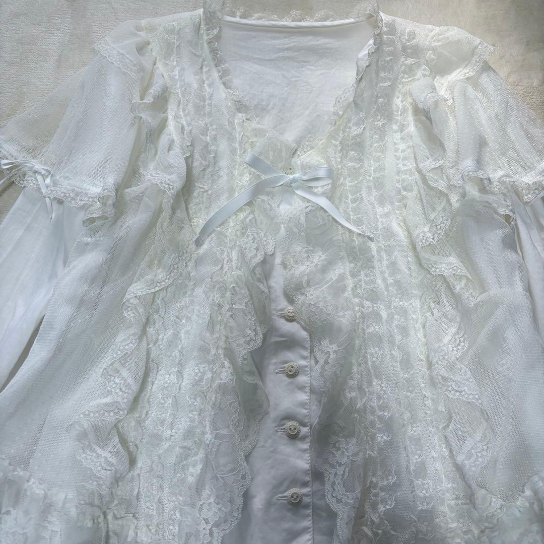 ルイスキャロル　希少　日本製　ドットチュール重ね　ローンフリルブラウスL15