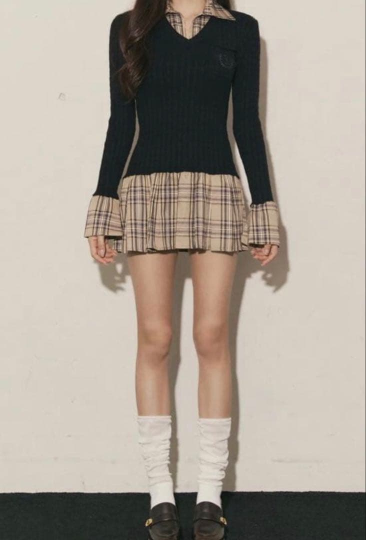 新品タグ付き Randy カービーニットチェックドッキングワンピース ベージュ