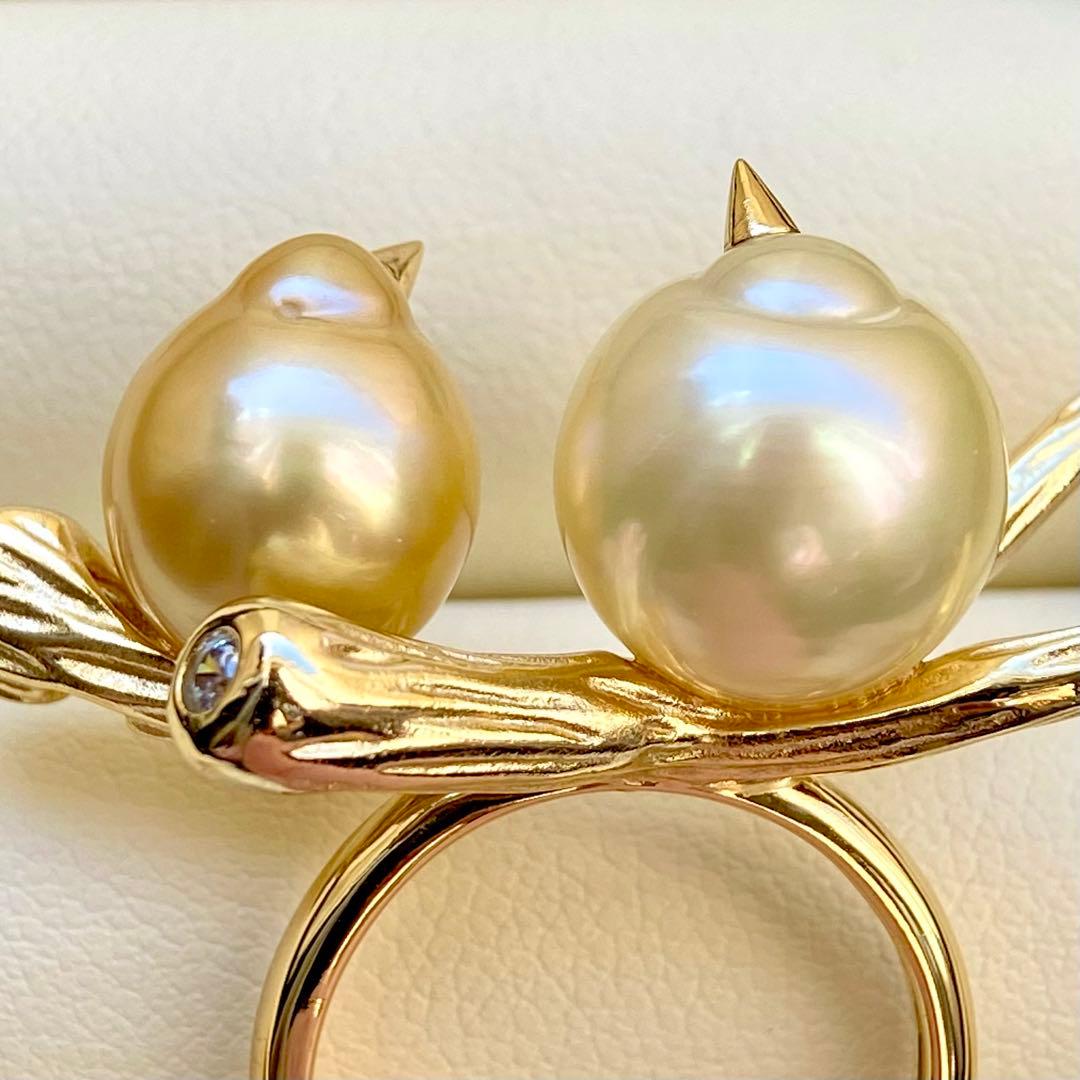 本真珠南洋白蝶真珠シャンパンとゴールド「鳥と枝」s925リングY1044