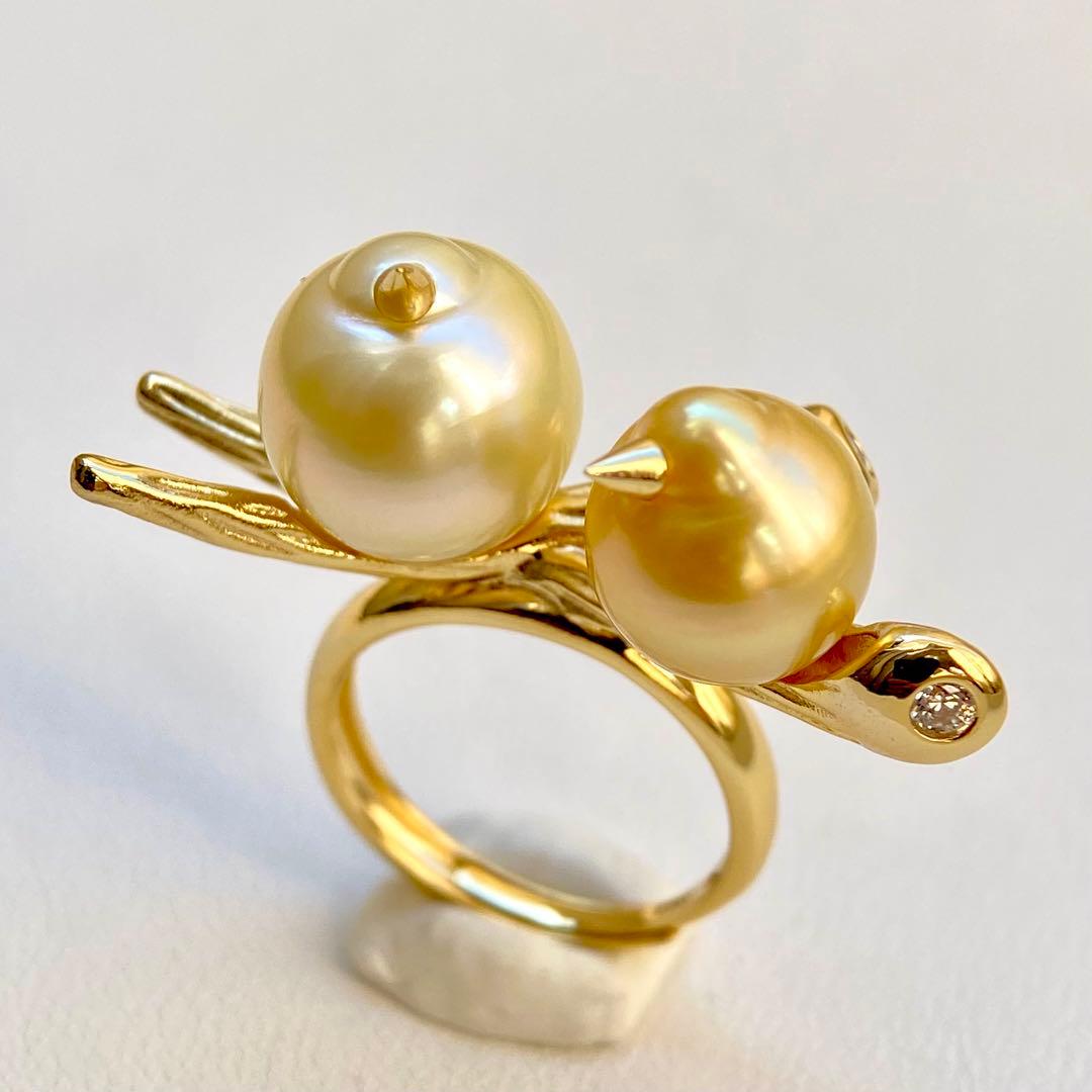 本真珠南洋白蝶真珠シャンパンとゴールド「鳥と枝」s925リングY1044
