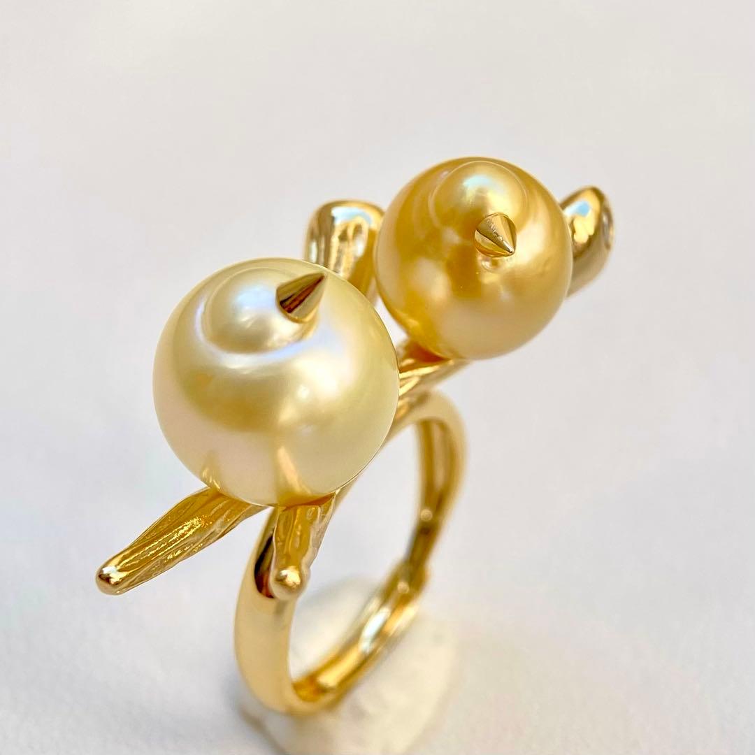 本真珠南洋白蝶真珠シャンパンとゴールド「鳥と枝」s925リングY1044